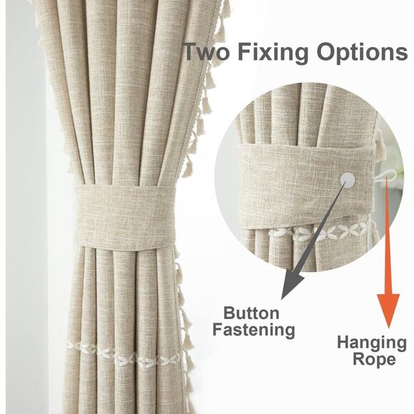VOGOL‎ Linen Textured Boho Curtain Drape Panel W52 x L84 Inches Beige Cream - Picture 4 of 7